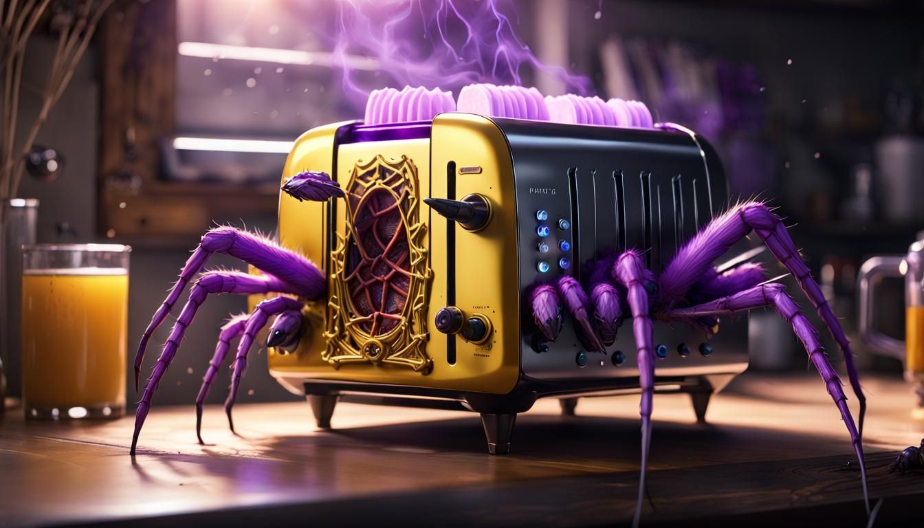 toaster with spider legs, open mouth with fans, monster eyes, a masterpiece, 8k resolution, dark fantasy ...  by @ukimalefu