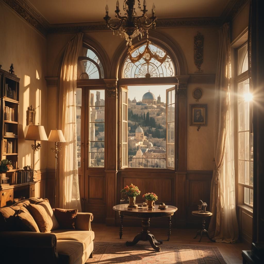 Classic Living Room with Jerusalem View in Warm Golden Hour...