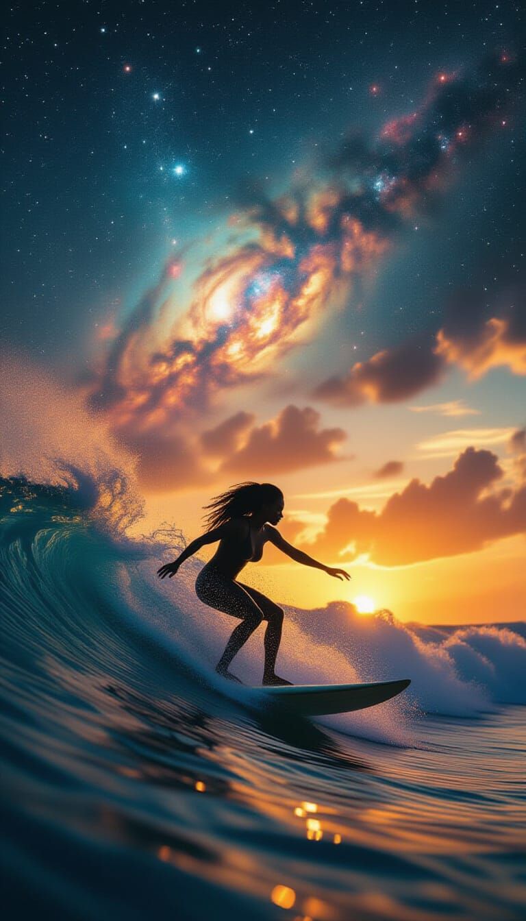 Black Woman Surfing Sunset Wave Under Nebula