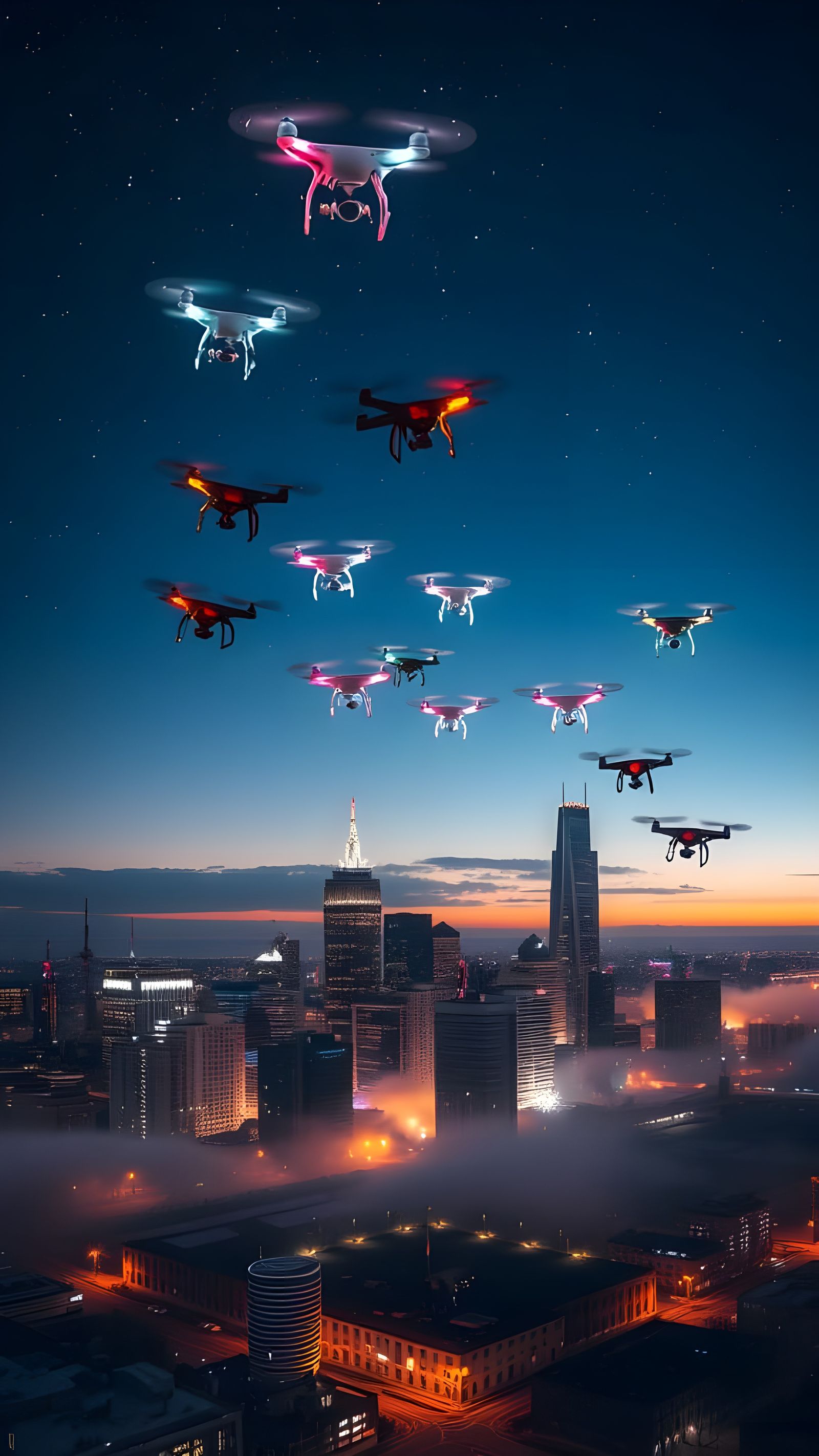 Cosmic Aerial Drones Dance Through Newark Bay Twilight