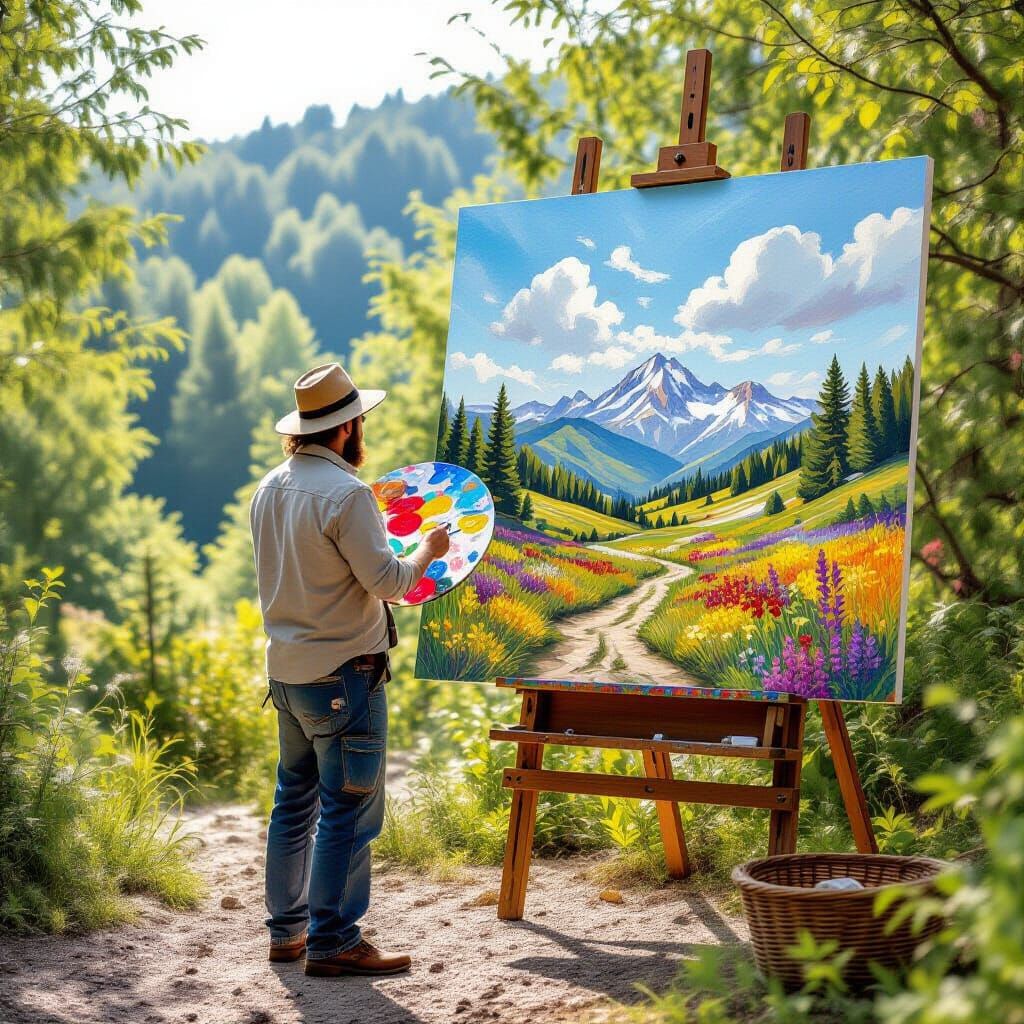 Artist Painting Vibrant Nature Landscape on Giant Canvas