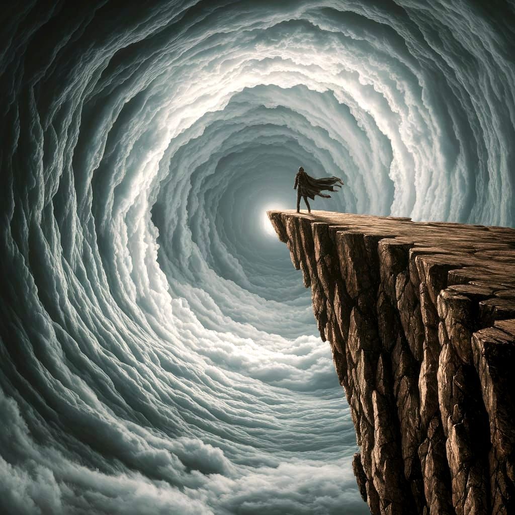 A lone figure stands on the edge of a dizzyingly high cliff, gazing down at a swirling vortex of clouds and mist below. The cliff face is ja...