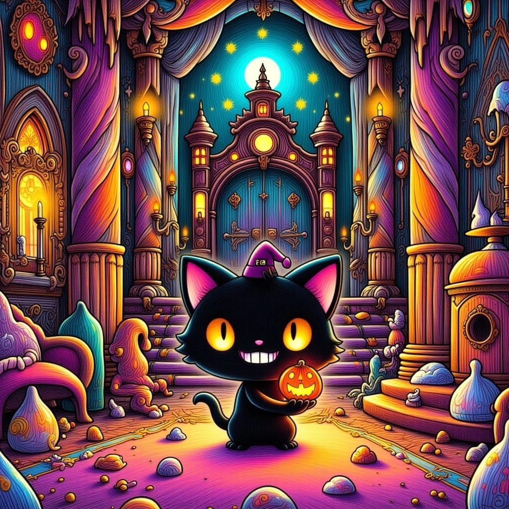 <lora:StoryFlux:1.0>cartoon , chibi black cat in a haunted manor  , maximalist old space,  colorful  haunted house, halloween