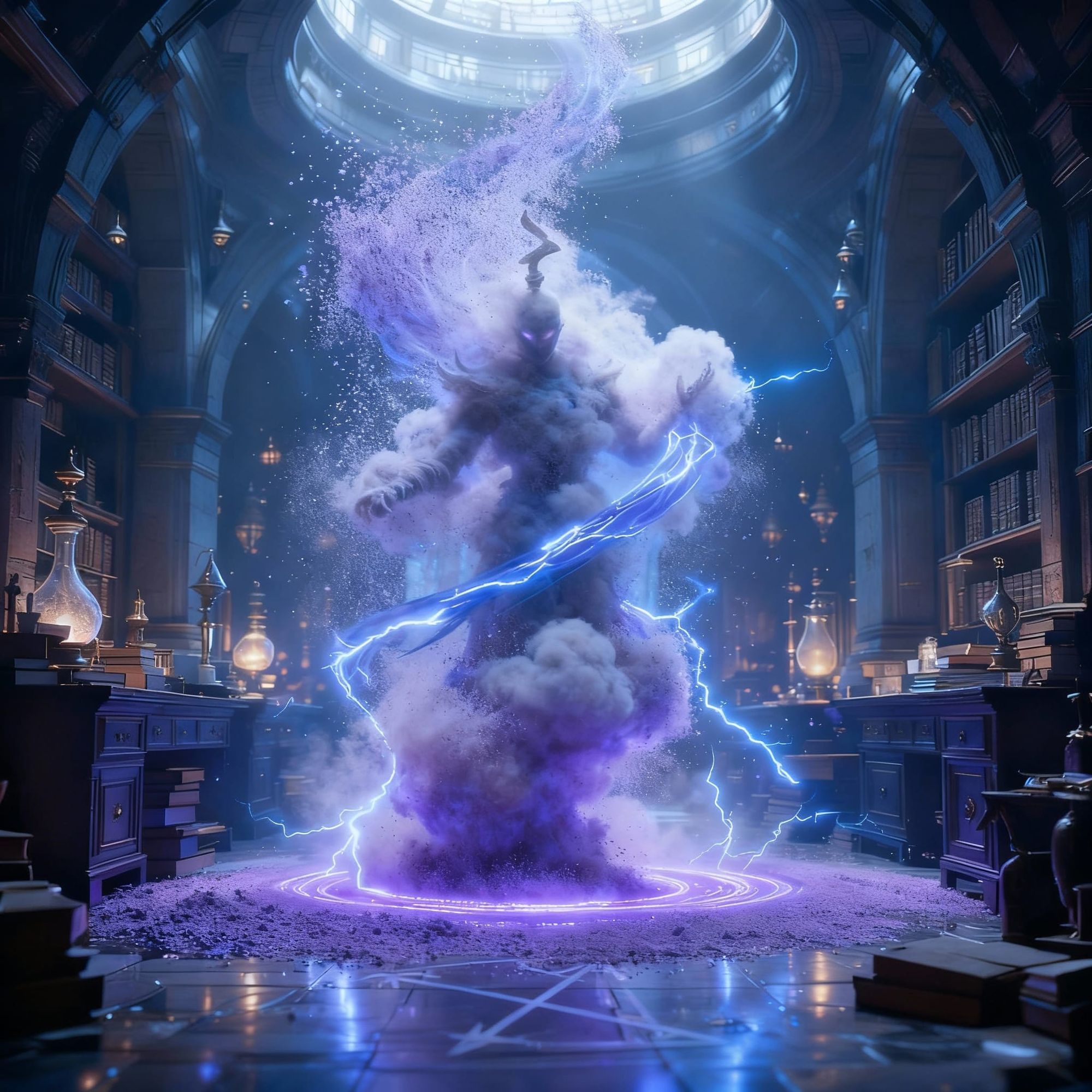 Godlike Genie forming out of the cloud of amethyst dust in the secret laboratory inside the Mage Tower.