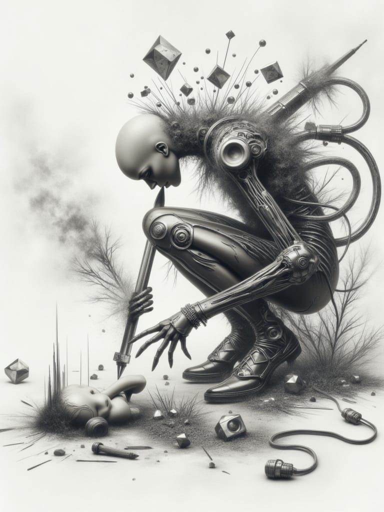 Biomechanical Xenobite Creates Surreal Drawing of Girl in Fl...