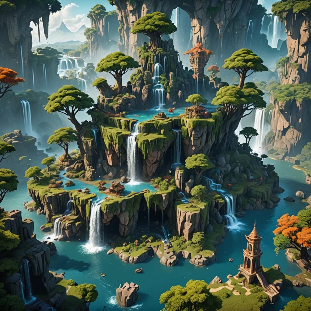 Fantasy Floating Islands with Waterfalls and Ruins