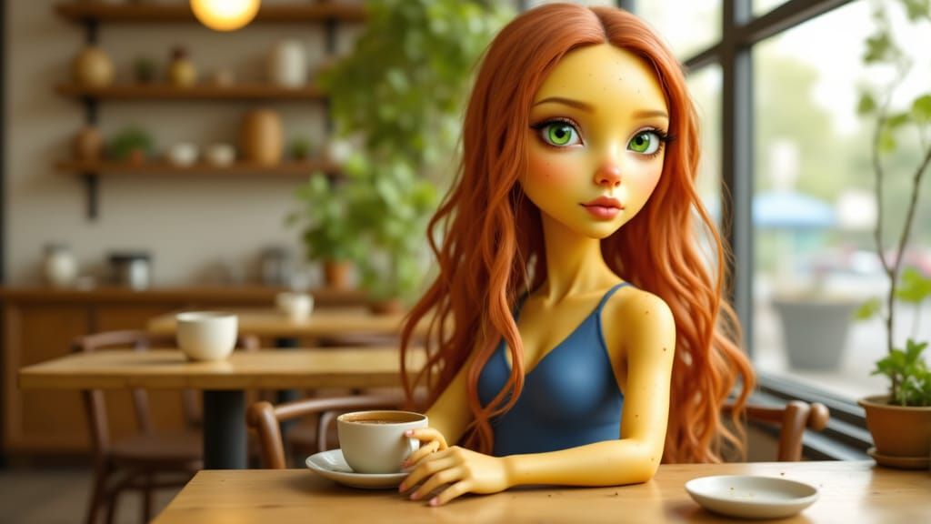 anthropomorphic humanoid potato woman, beautiful, 22 years old, thin, tall, skin like an unwashed potato, bright green eyes, long wavy red h...