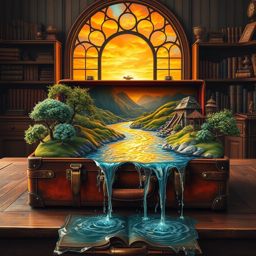 A worn leather suitcase sits open on a rustic wooden table, its lid revealing a mesmerizing river landscape ...  by @FruitFan