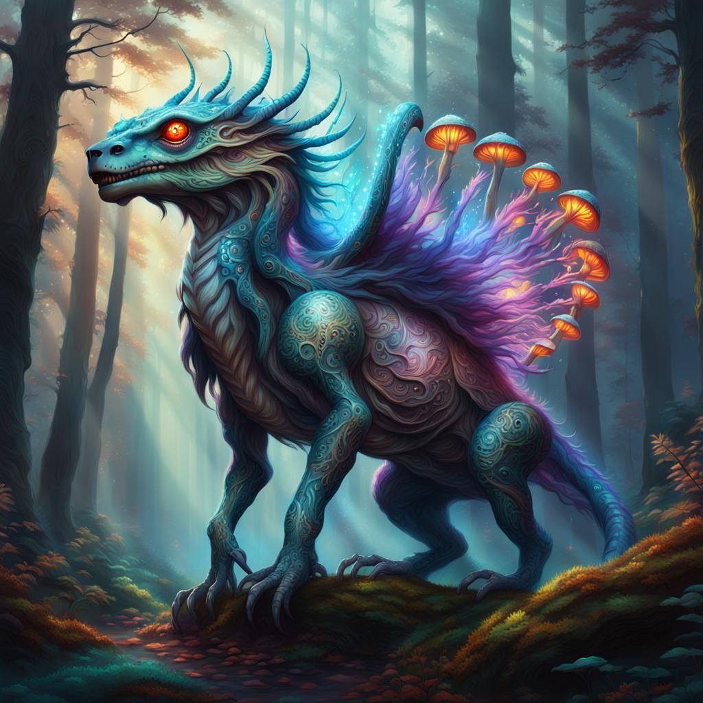 Mystical Creature in Forest, Vibrant Oil Painting