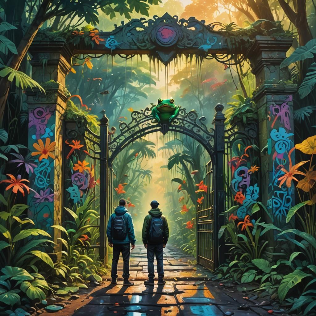 A man stands in front of a large gate in the jungle. A frog ...