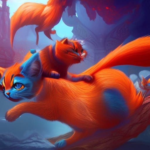 Blue cat and orange cat in top of the word