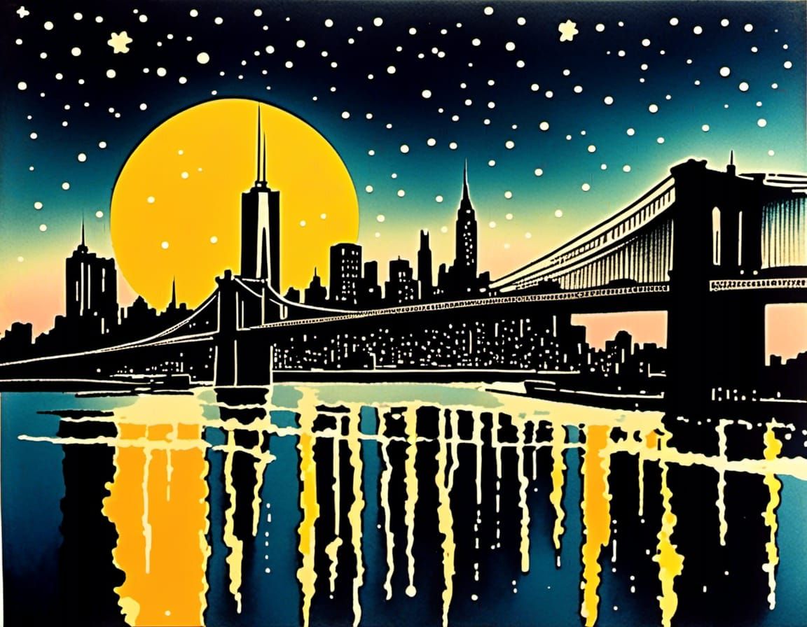 Autochrome, celestial sky with twinkling stars 🌟🌟🌟✨️✨️✨️🌟🌟🌟✨️✨️✨️ crescent moon over New York City skyline, shimmering river reflectio...