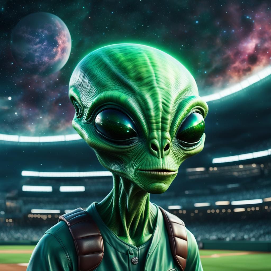 up close shot of a green alien playing baseball, galaxy sky ...