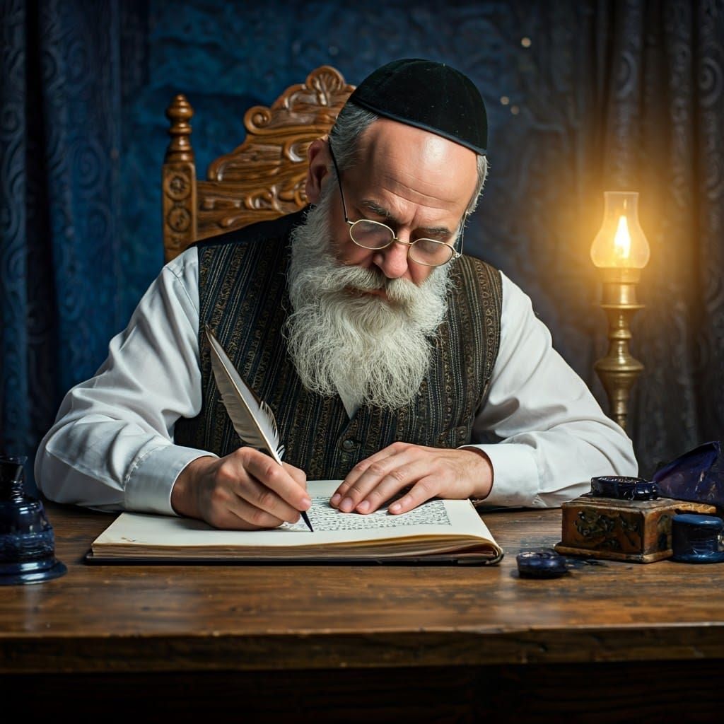 A Jewish Setham scribe from the beginning of the 20th century writes a Torah book, and his glasses fall over his eyes, and the lighting is w...