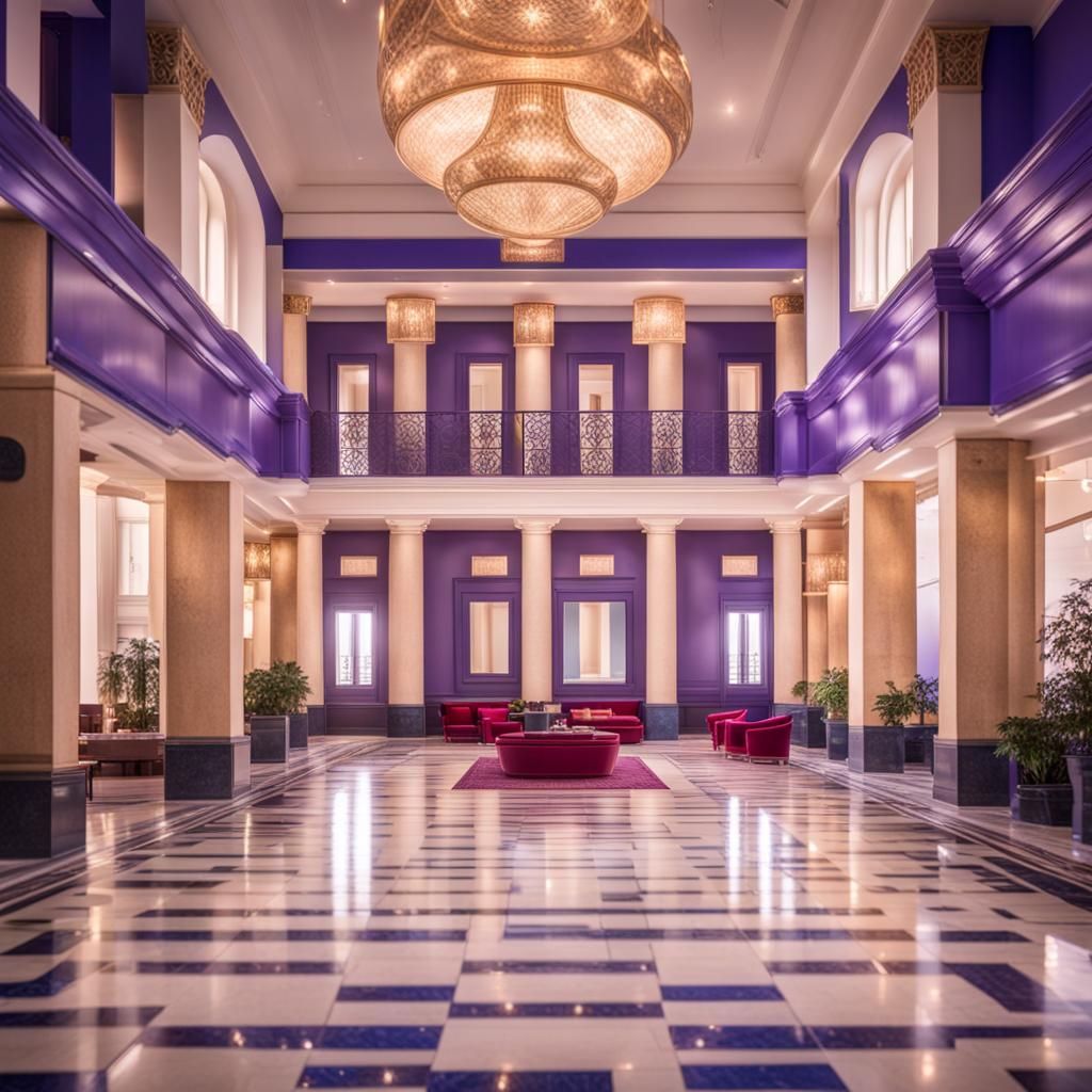 A huge comfortable lobby in ancient Greek style with mainly ...