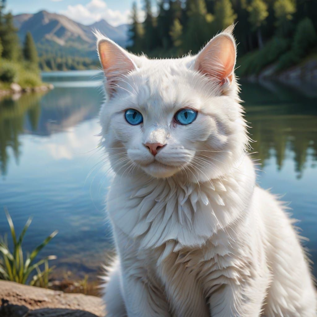 Photorealistic White Cat with Blue Eyes by Stunning Lake