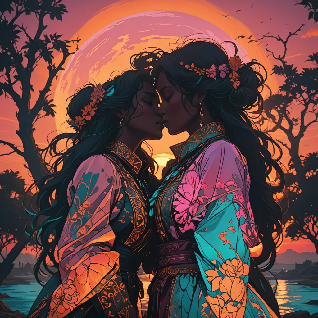 Silhouette of two ladies kissing in front of an orange and pink sunset.  by @undefined