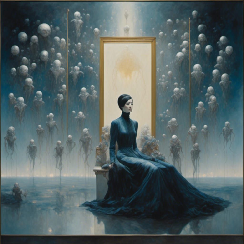 <lora:Mashup:1.0> Strange person sitting and mysterious beings floating and framed paintings in background 