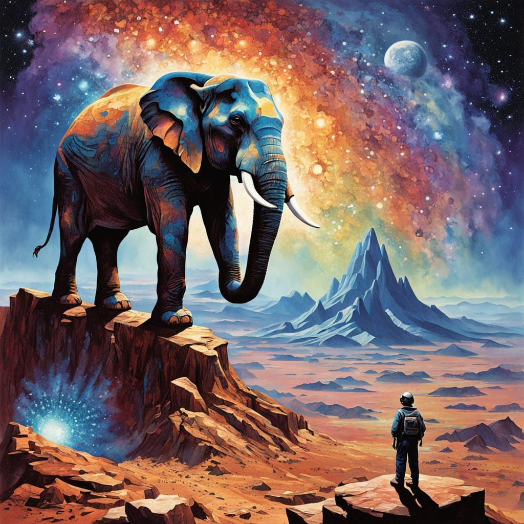  A colossal, ancient elephant with skin like cracked earth stands majestically atop a jagged mountain peak. Starlight glints off crystalline...