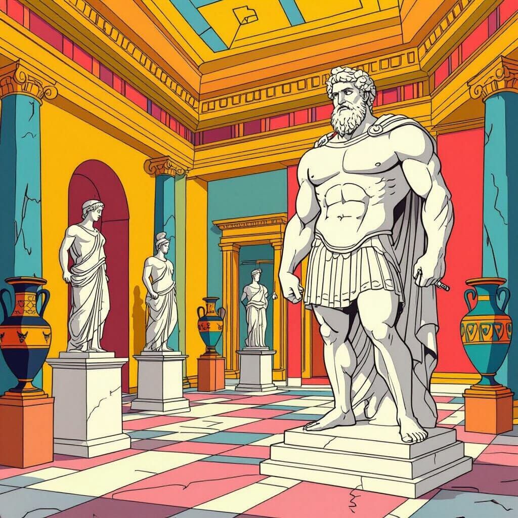 Cartoon Museum Interior with Hercules Statue