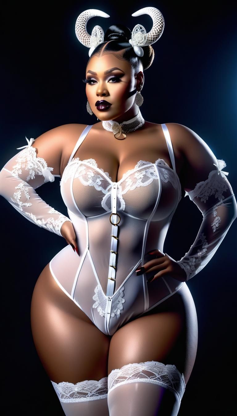 Lizzo, white sheer lace bodysuit with garter belt straps, hair bun
