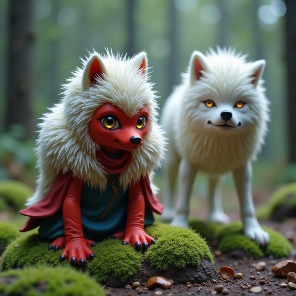  <lora:Koosh Me:1.0> 

San, the wolf-girl, crouches on a moss-covered rock, her red mask pushed up to reveal fierce, determined eyes. Her fu...