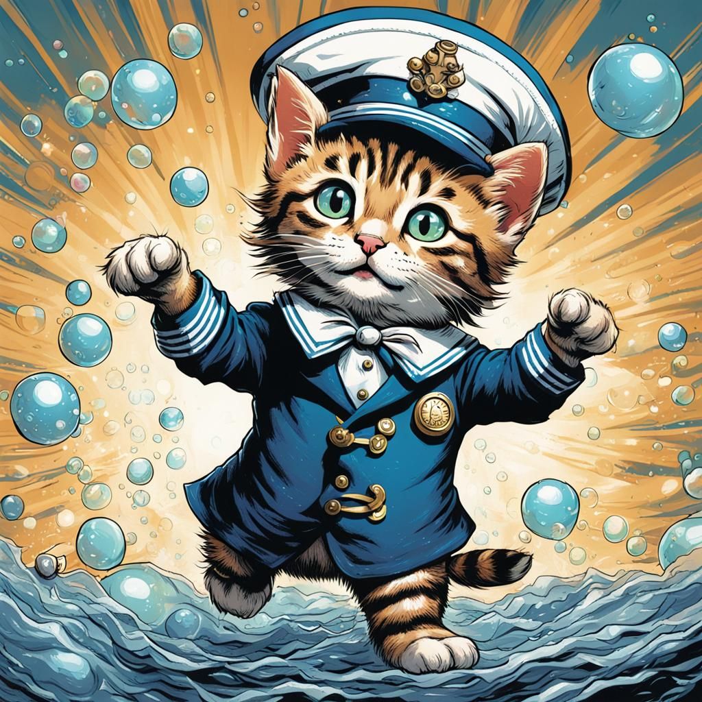 Style of Tenniel,a drawing of a tabby kitten in a sailor sui...