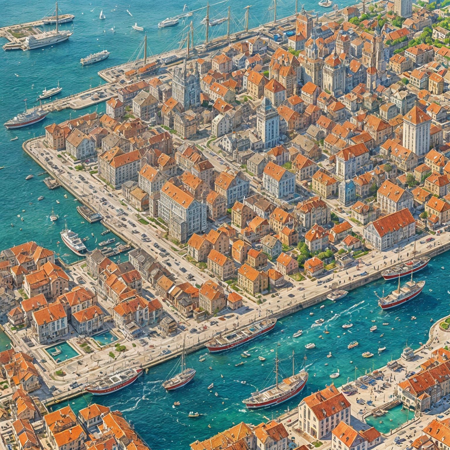 Detailed Port City in Abstract Impressionist Style