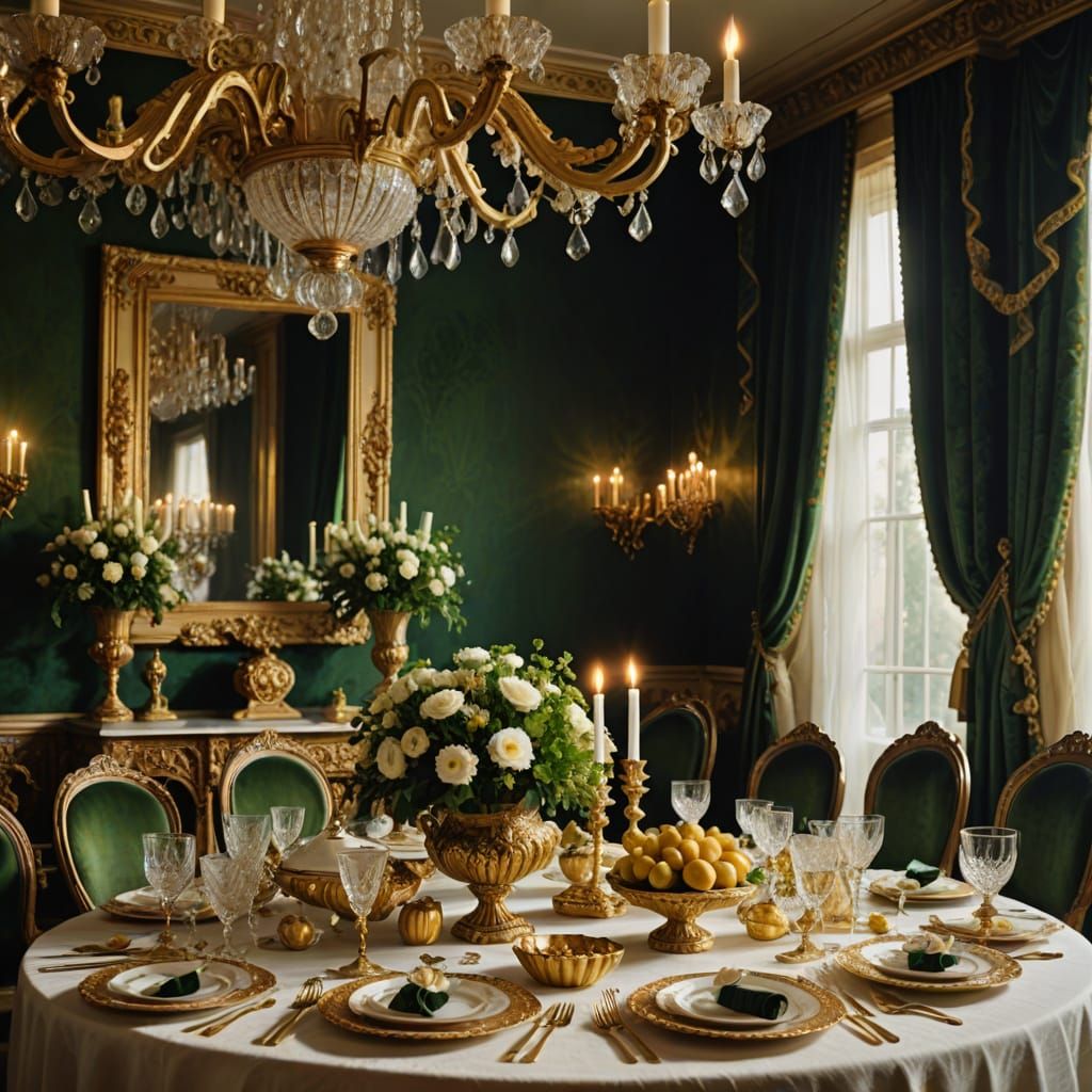 A long royal table set with empty white and gold dishes
In the background are luxurious curtains
A gold chandelier descends from the ceiling...