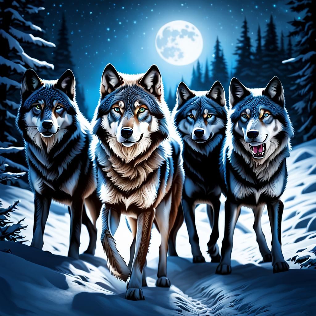 Muscular Wolf pack, deep blue eyes, monochromatic color fur,...