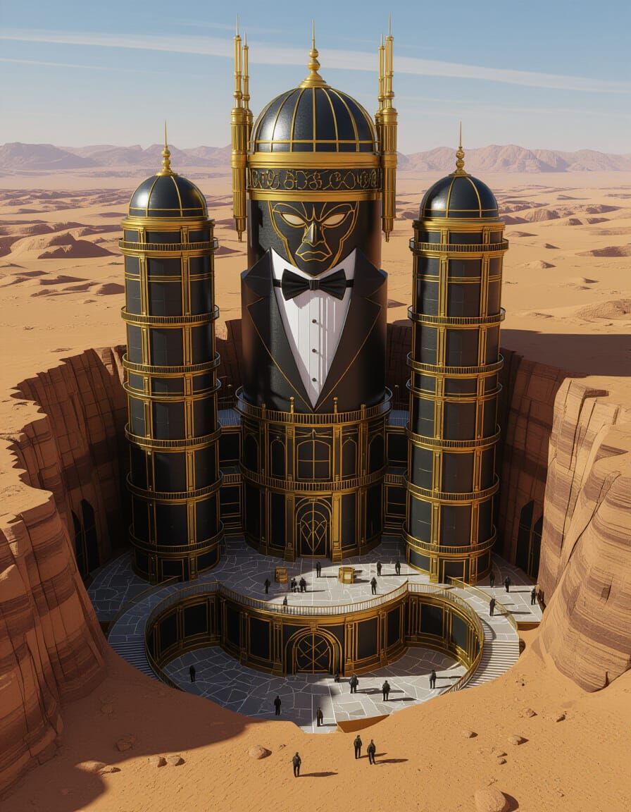 The desert base of the notorious and dapper supervillain, Goldshadow.  by @Whim Gruent