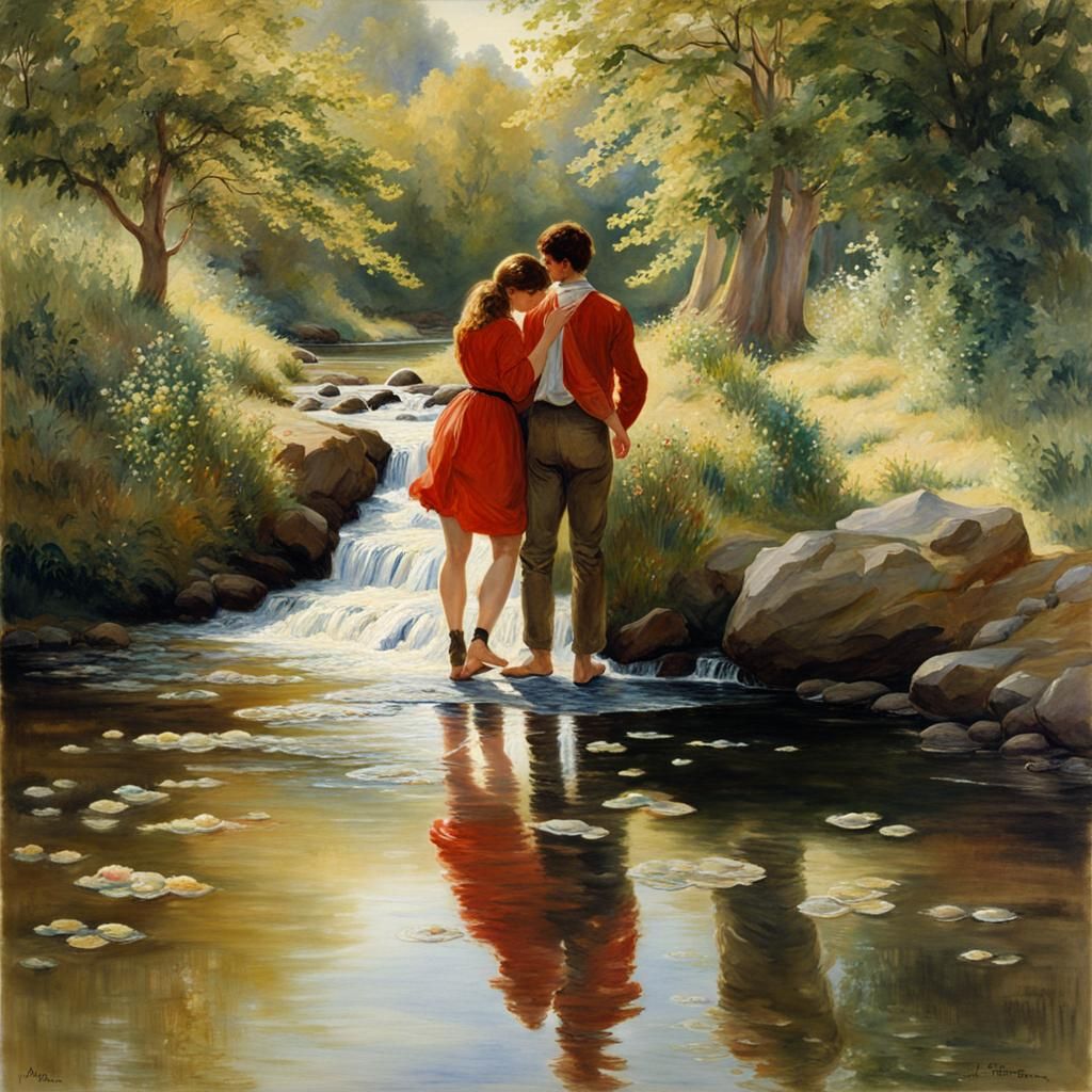 Young lovers feet in stream, spring