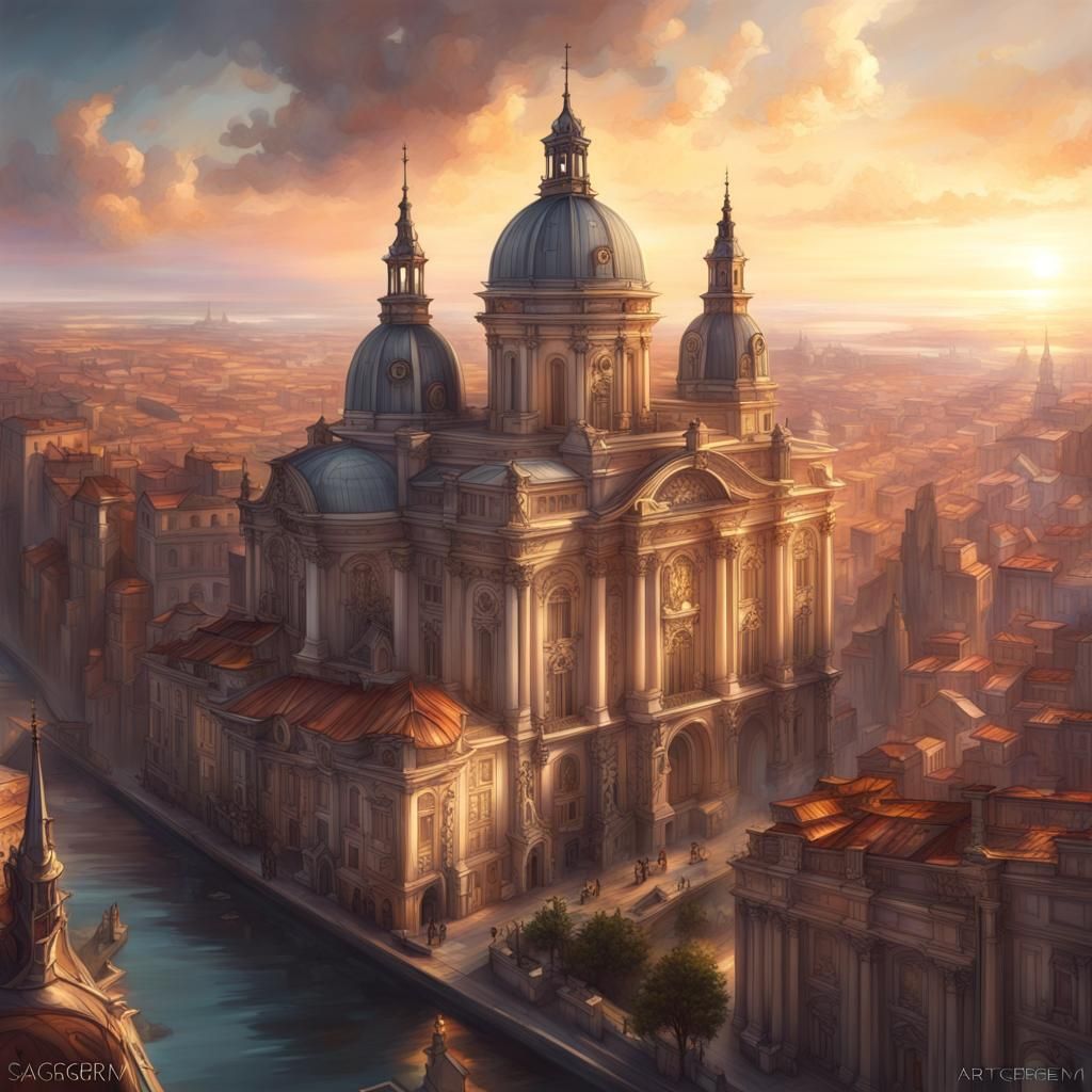 magnificent baroque city floating in air, beautiful, surreal...