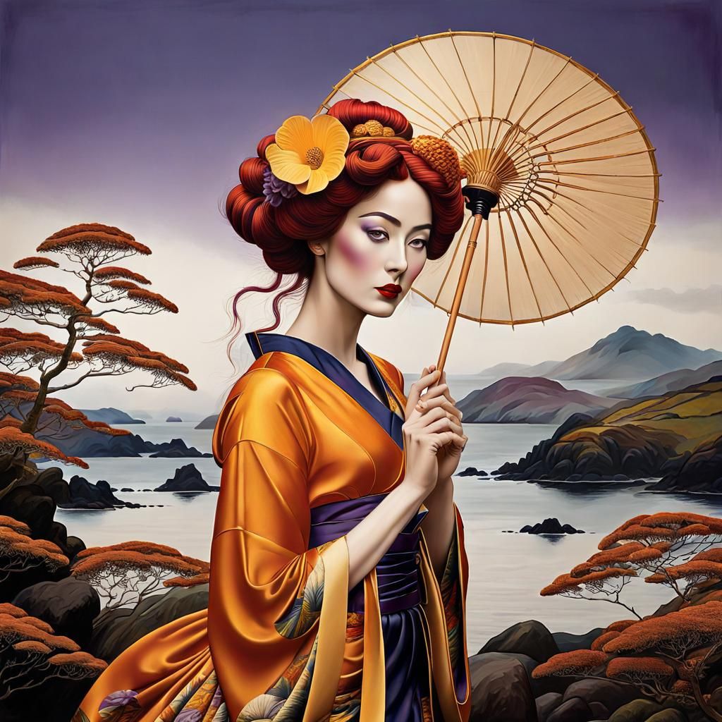 The Birth of Venus but in the style of a Beautiful Geisha Wo...