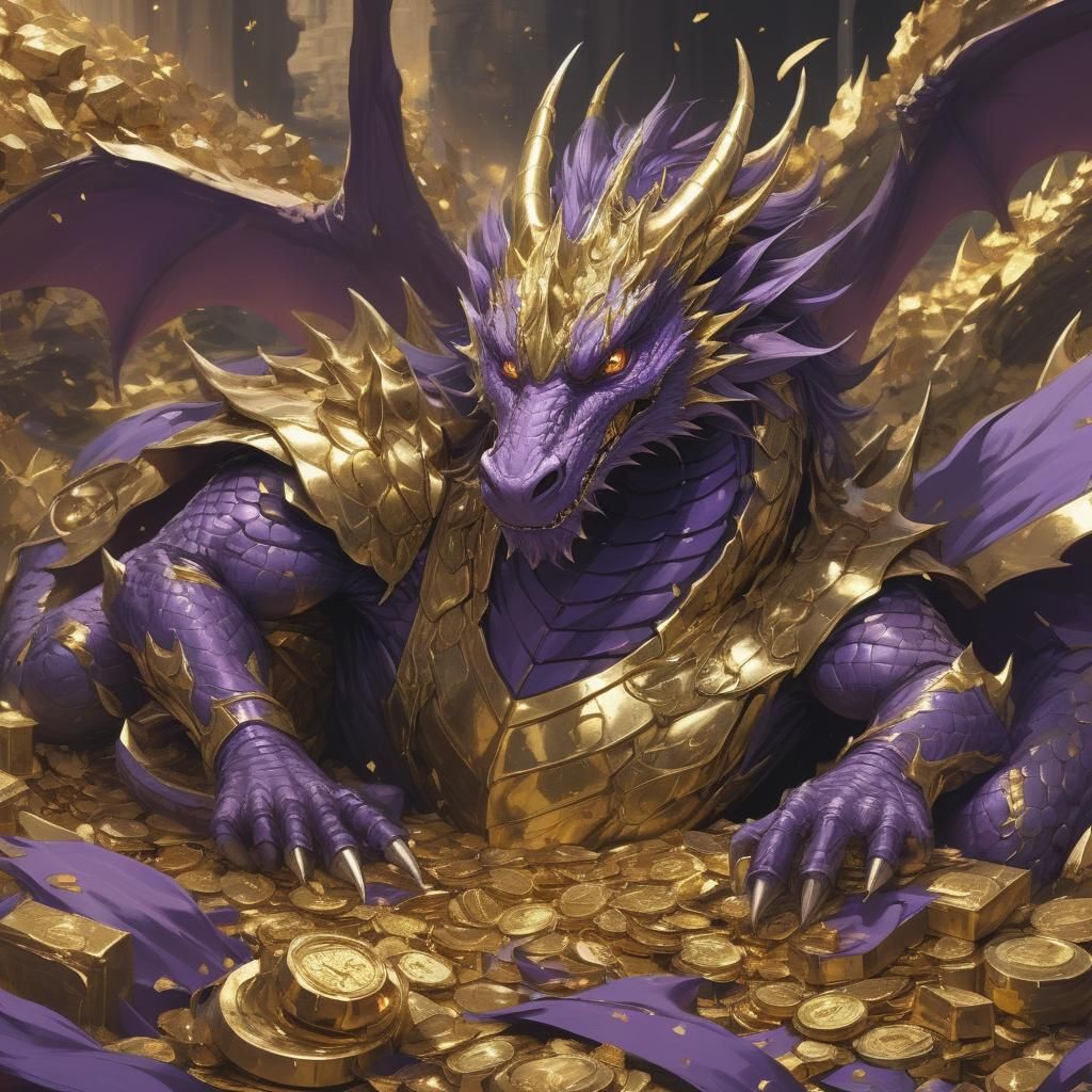 the purple elegant dragon, who loves gold, is lying impressi...