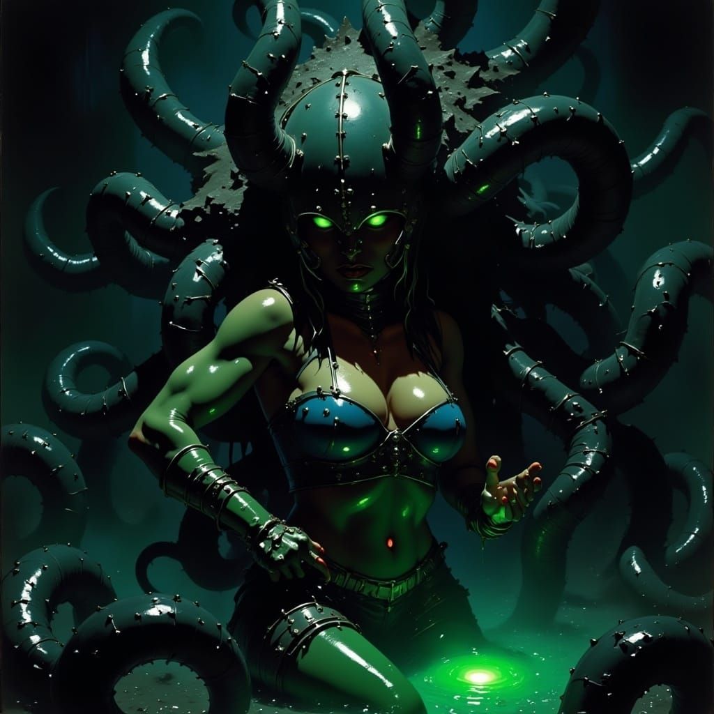 <lora:Medieval Mastery:1.0> Dark fantasy horror. Close-up medium shot. Sarah Bryant from Virtua Fighter is lowered into a gelatinous black s...