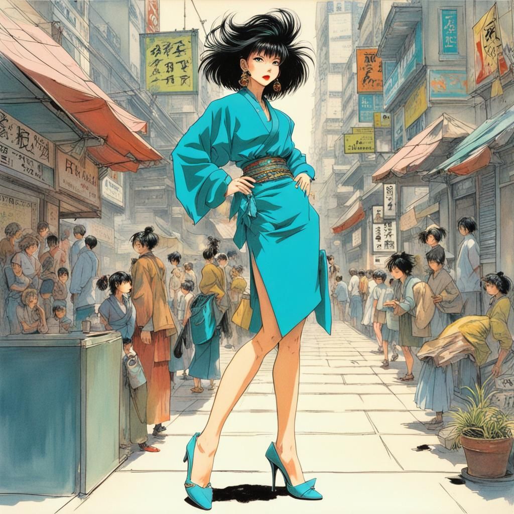 1980s Japanese Anime Style Illustration By Hirohiko Araki Japanese Korean Lady Wearing