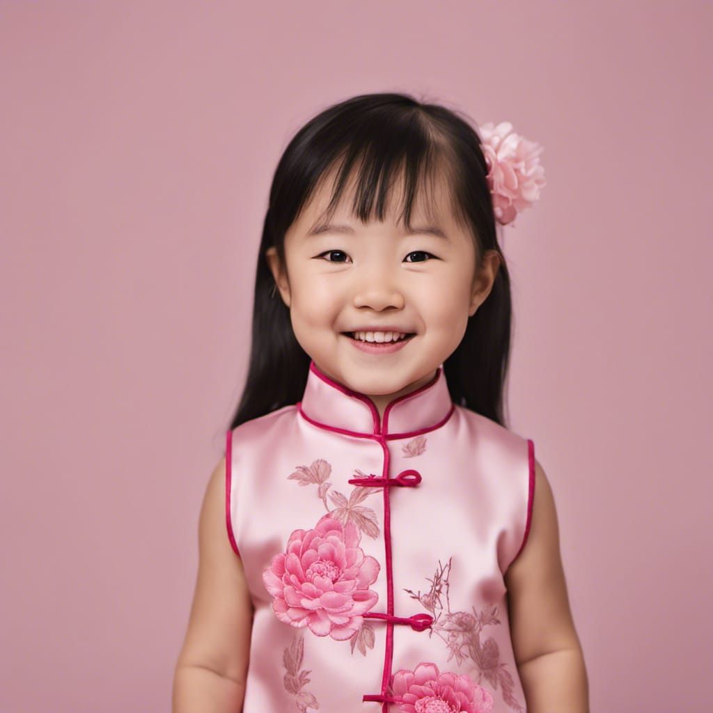 Smiling toddler Chinese girl with pink qipao embroidered wit...
