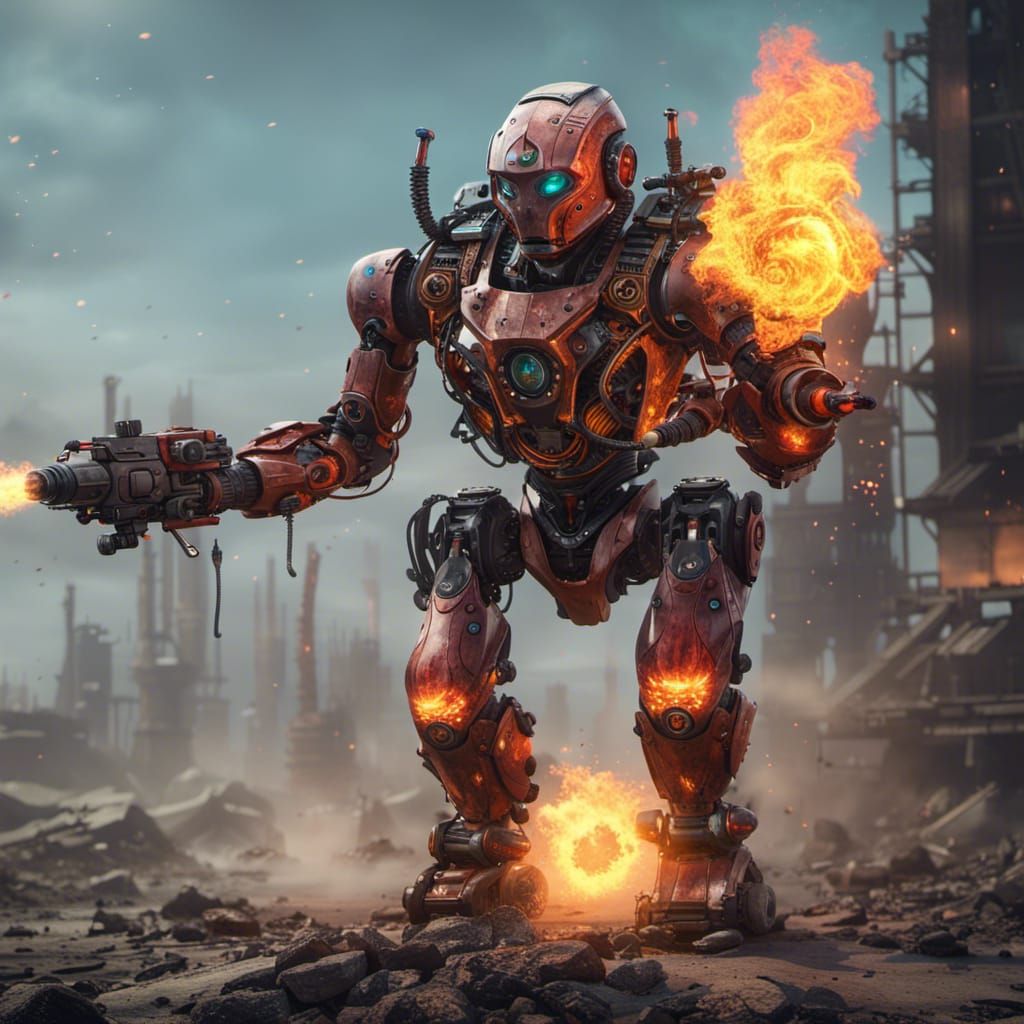 Robot with a flamethrower - AI Generated Artwork - NightCafe Creator