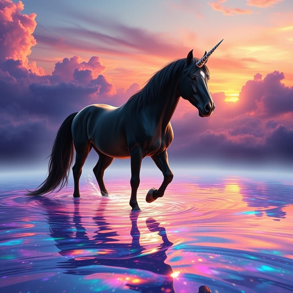 A Black Unicorn Horse In A pool of magical water during sunset Epic cinematic brilliant stunning intricate ...  by @Ringking 1978