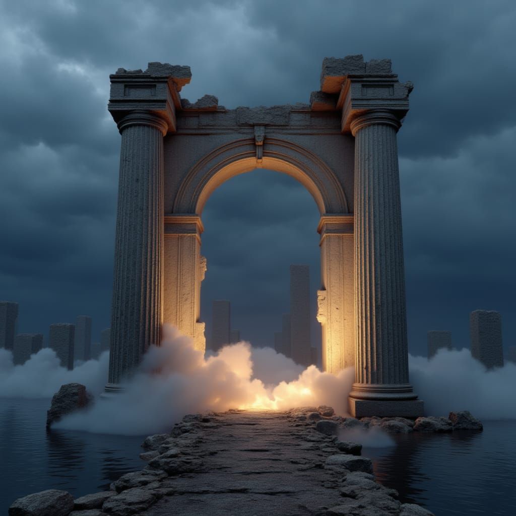 <lora:Reliquiarum:1.3> Cinematic photography of an old Roman aqueduct on the shore. Two columns stand in front, and behind it, the aqueduct...