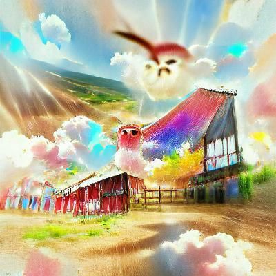 A colorful flying owl in front of a red barn anime fantasy c...