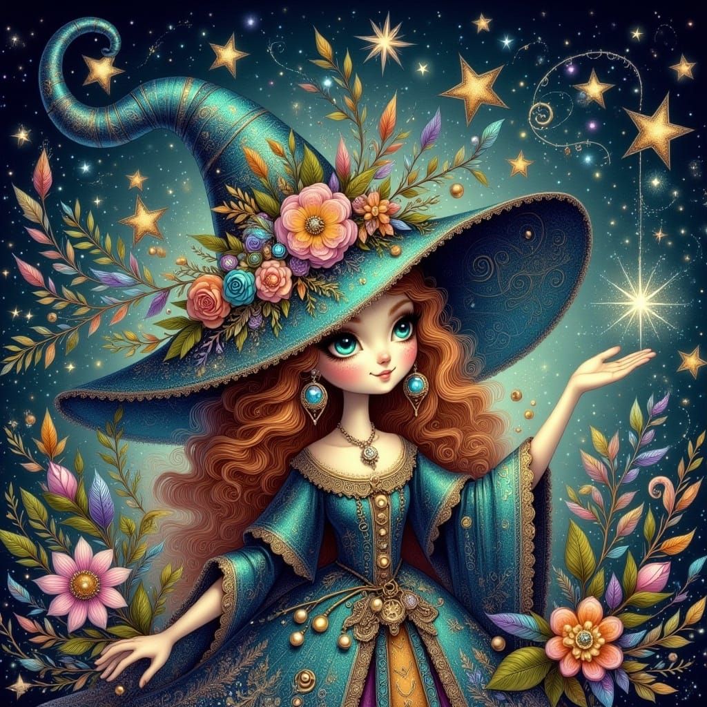 <lora:Whimsical Witches:1.0> whimsical witch in sapphire and gold sprinkling fairy dust of gold magical mystical enchanting 