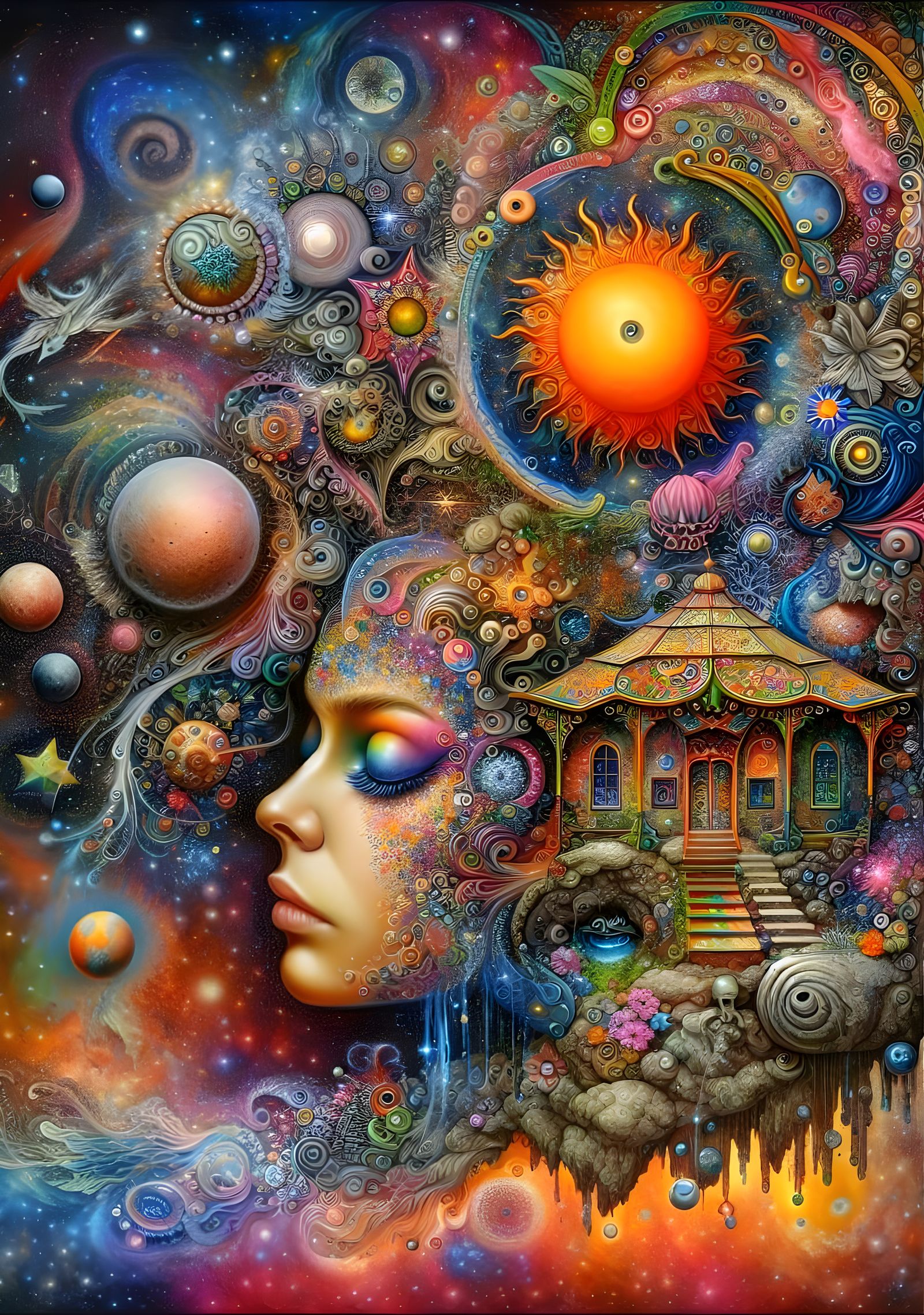 Surrealist Dreamscapes: Cosmic Goddess Amidst Whimsical Wond...