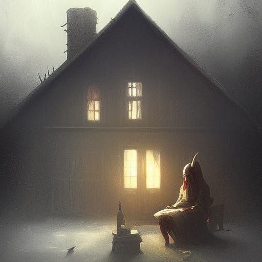 Demon in a cottage with cobwebs and mist