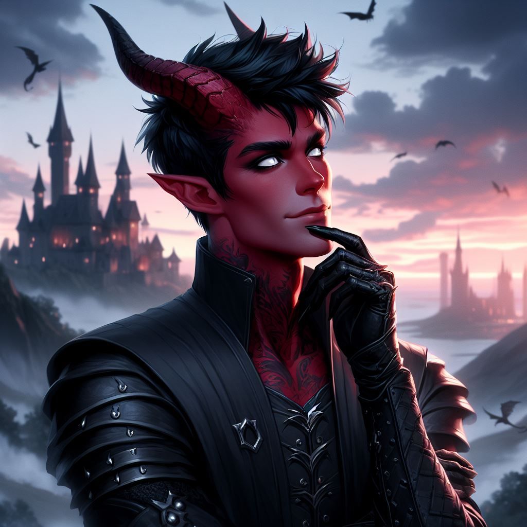 Tiefling Warlock standing in front of a castle, pondering