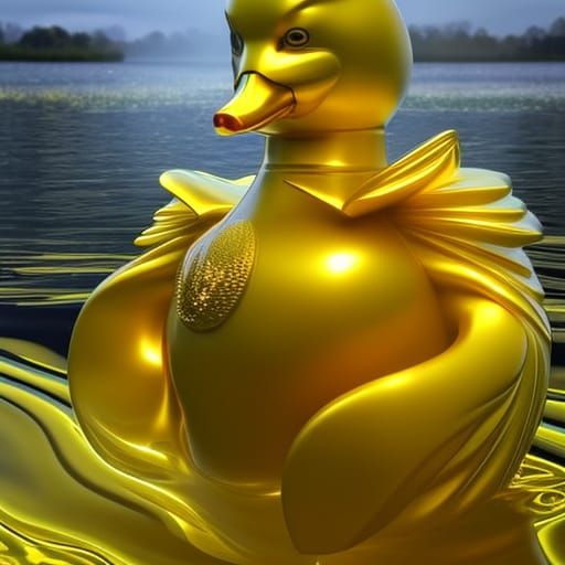 Yellow rubber duck toy, water reflection, by Alex grey. Gala...