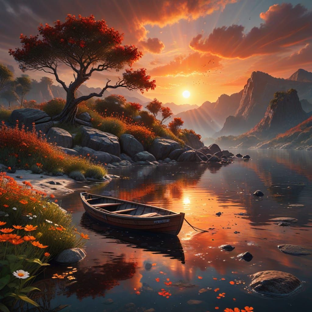 Tranquil Lake Scene in Vibrant Oil Painting Style