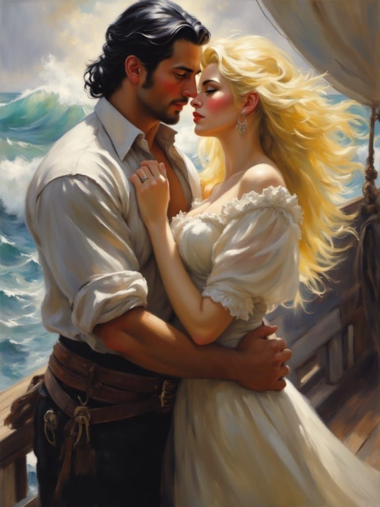<lora:Romance novel cover:1.0> of muscular dark haired 17th century pirate embracing a lovely woman with flowing blonde hair on the deck of ...
