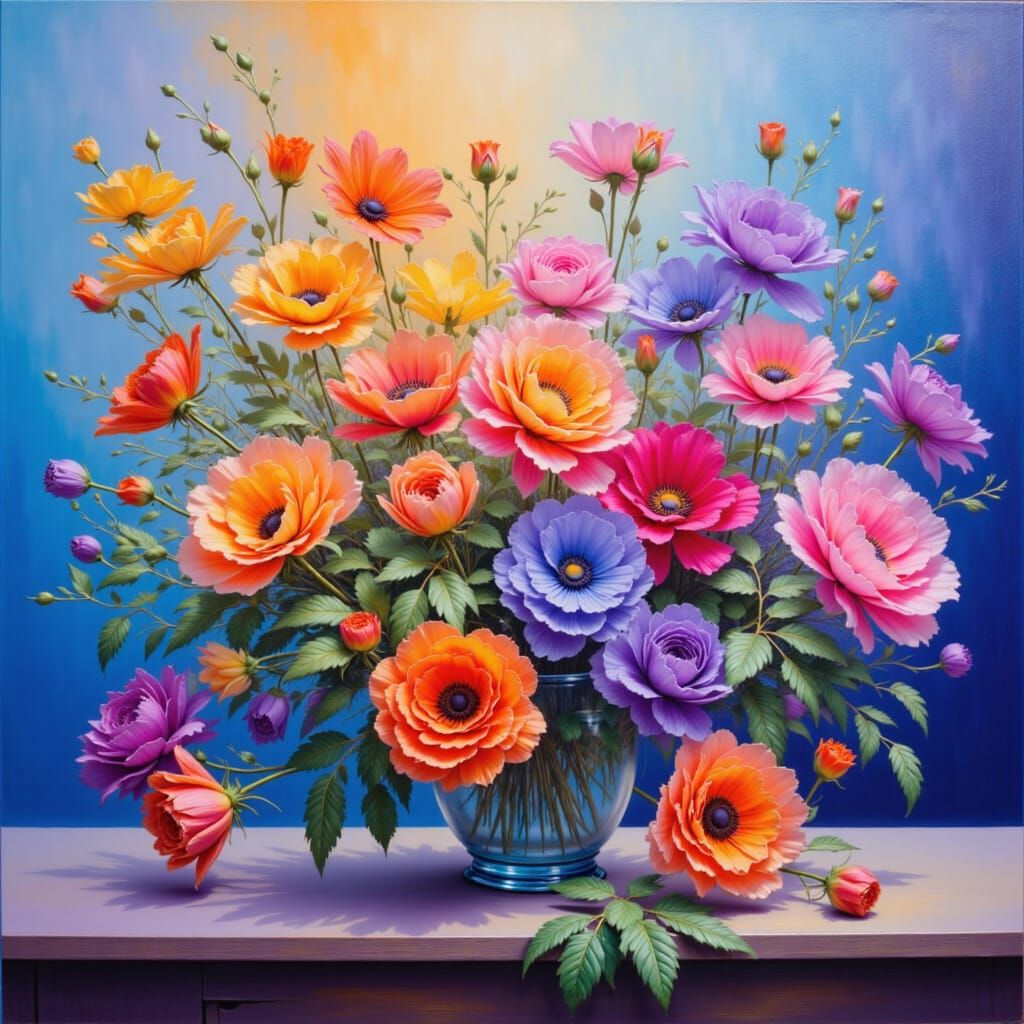 <lora:Atmospheria:1.0> Creative still life painting. Sunlit Garden Symphony. Blue lilac fuchsia orange bright vivid gradient colors and some...